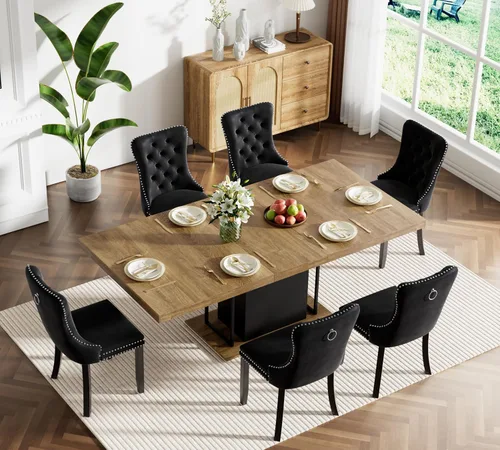 Miniatura 24 de Juego de mesa de comedor extensible marrón de 63 a 78.74 pulgadas para 4, juego de mesa de comedor de 5 piezas con 4 sillas, mesa de cocina