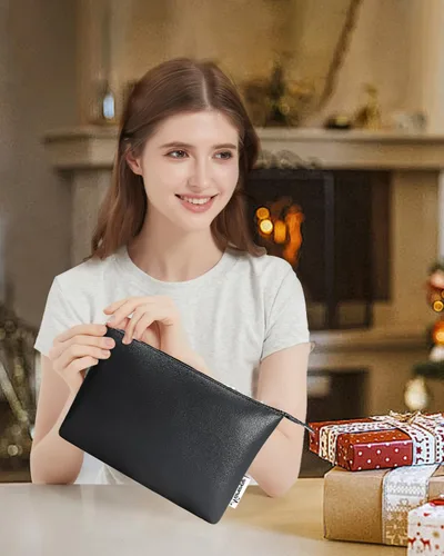 Miniatura 6 de Narwey Bolsa de Maquillaje Grande para Bolso de Cuero Vegano de Viaje Bolsa de Cosméticos con Cremallera para Mujeres, A-Negro