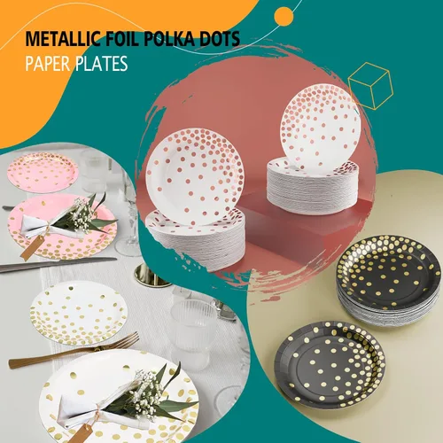 Miniatura 7 de DYLIVeS 80 platos de papel de oro blanco y rosa, de 7 pulgadas, con lunares metálicos, desechables, platos de fiesta de postre, suministros
