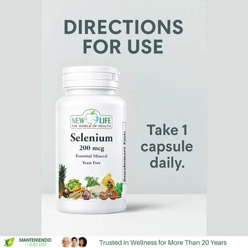 Miniatura 5 de New Life Selenio 200mcg, mineral esencial, 90 cápsulas vegetales