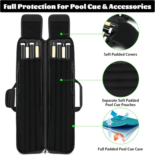 Miniatura 2 de Estuche para taco de piscina - 4x4 Bolsillo acolchado para taco de piscina - Sostiene 4 culatas y 4 ejes, múltiples bolsillos para accesorios