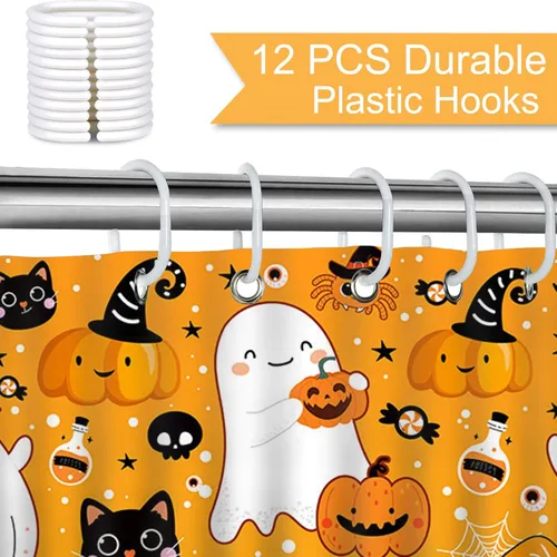 Miniatura 5 de Mocsicka Cortina de ducha de fantasma, fantasma, fantasma, caricatura, gato, calabaza, cortina de ducha de tela impermeable para Halloween