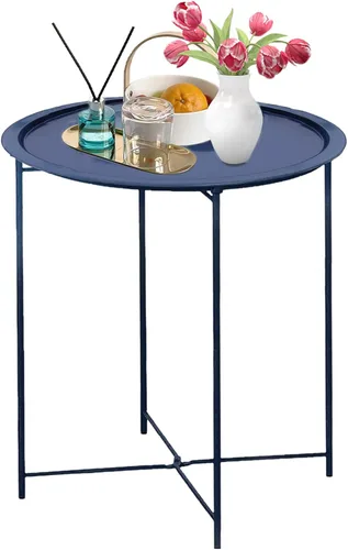 Miniatura 13 de Garden 4 you - Mesa auxiliar de metal negra redonda plegable con bandeja cian, mesa auxiliar redonda, para poner al lado del sofá, mesa