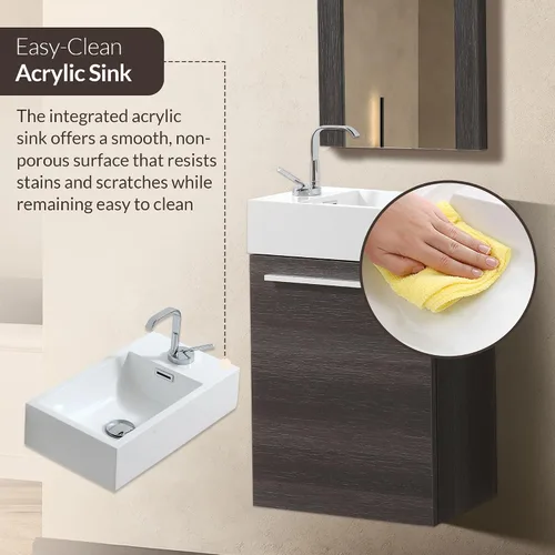 Miniatura 8 de Blossom Tocador de baño pequeño de 18 pulgadas con fregadero, gabinete flotante de madera maciza, resistente a la humedad, fregadero de profundidad