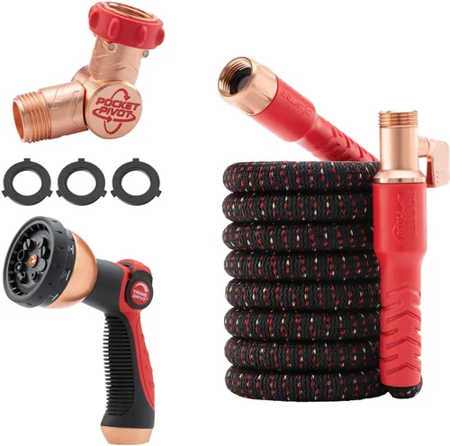 Pocket Hose Manguera de jardín balística expandible de 25 pies con conector giratorio de bolsillo pivotante, funda antiestallido reforzada con fibra