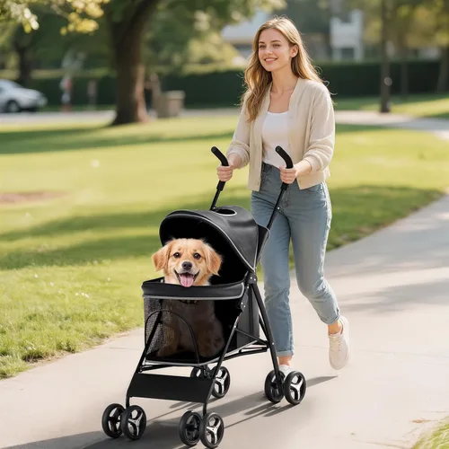 Miniatura 3 de Cochecito para mascotas para perros y gatos pequeños, 10-22 libras, almacenamiento trasero, negro