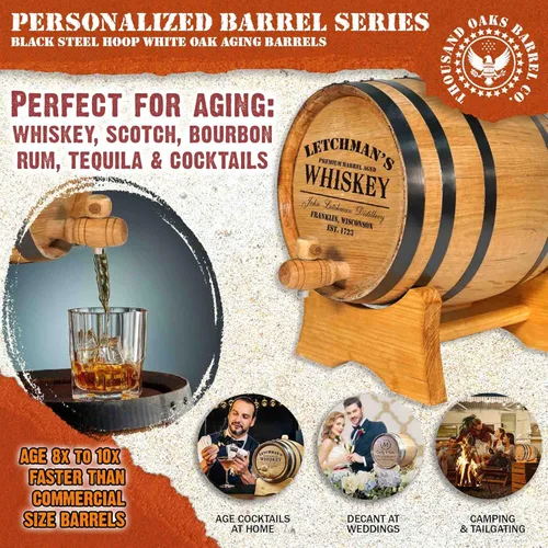 Miniatura 2 de Barril personalizado de 2 litros de roble americano para envejecimiento de whisky con soporte de madera, tapón y canilla - Mini barriles de 2L