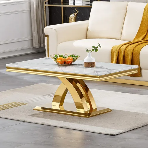 Miniatura 34 de Mesa de centro de mármol negro Henf de lujo, mesa auxiliar rectangular de mármol sintético de imitación con base de acero inoxidable dorado