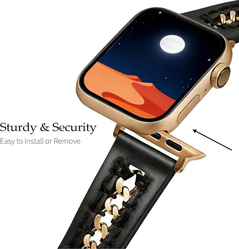 Miniatura 4 de HANDODO Correa de piel auténtica italiana con detalles de cadena dorada, compatible con Apple Watch Series 10 9 8 7 6 5 4 3 2 1 SE SE2 Ultra, correa