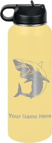 Miniatura 69 de LaserGram Botella de agua personalizada, gran tiburón blanco, acero inoxidable de doble pared aislada al vacío con popote superior, regalo grabado