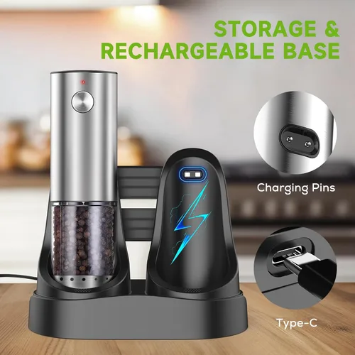Miniatura 6 de Set de molinillo eléctrico de sal y pimienta, salero y pimientero recargable con luz LED y base de carga, molinillos automáticos de sal y pimienta