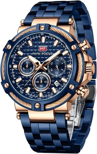 Miniatura 7 de MF MINI FOCUS Relojes de negocios para hombre (cronógrafo/resistente al agua/luminiscente/calendario/24 horas) Relojes de cara grande con banda