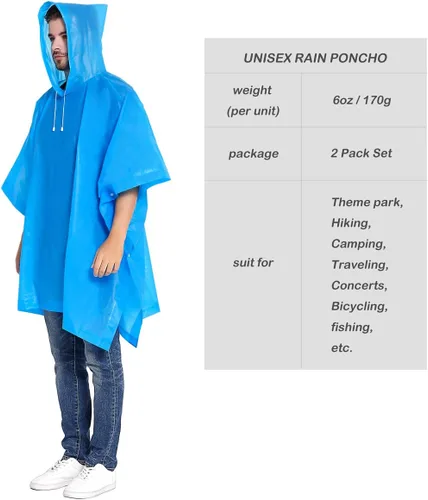 Miniatura 23 de ANTVEE Ponchos de lluvia para adultos, impermeable, portátil, reutilizable, paquete de 2 con capucha con cordón, se mantiene seco
