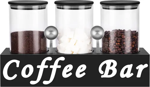 ZOMUIA Contenedores de Café de Vidrio Herméticos Frascos de Almacenamiento de Granos de Café con Estante, 3 Piezas 44oz Organizador de Estación de