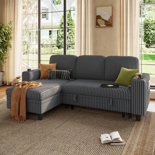 Miniatura 36 de LINSY HOME - Sofá cama extraíble modular con sección para dormir, con almacenamiento, sofá seccional de pana mullida para sala de estar, sofá cama
