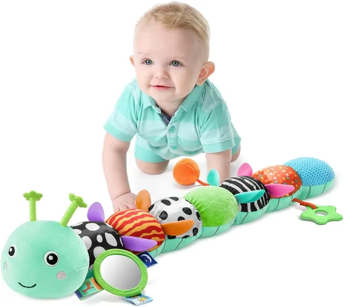 Miniatura 13 de LIGHTDESIRE Juguetes musicales para bebé, oruga, juguetes para bebés, animales de peluche con diseño de regla, espejo, cuerda de tirar y campana
