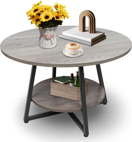 Miniatura 6 de Mesa de Centro Redonda, Mesa de Centro Circular de 2 Niveles con Almacenamiento, Mesa Central Redonda de Madera Moderna, para Sala de Estar, Espacio