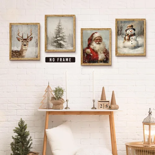 Miniatura 2 de LKETW Póster vintage de impresiones navideñas de invierno sin marco, juego de 4 unidades de 8x10 pulgadas, decoración de pared rústica de Papá Noel