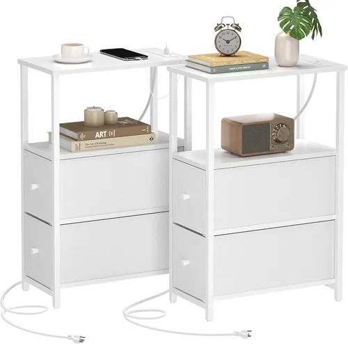 Miniatura 11 de TUTOTAK Mesa auxiliar pequeña y estrecha con LED y estación de carga, mesa lateral con tomas de corriente, mesita de noche con 2 cajones de tela