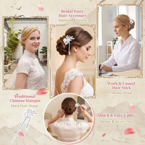 Miniatura 5 de Chuangdi 2 palillos chinos para el cabello para mujer, palillos de pelo plateado con diamantes de imitación, horquilla japonesa vintage, perla