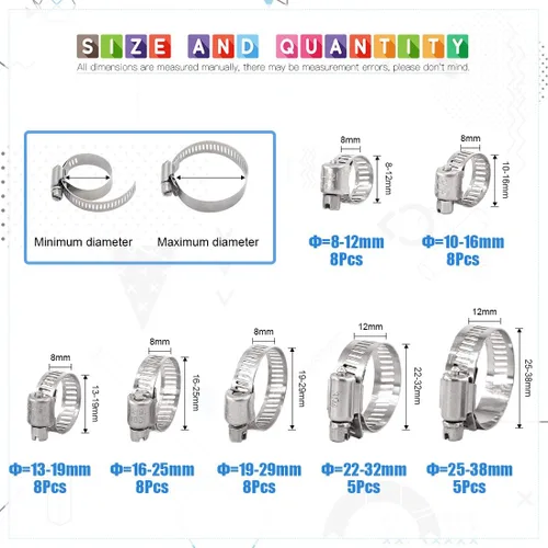Miniatura 2 de Glarks Kit surtido de abrazaderas de manguera de engranaje helicoidal ajustable de 50 piezas de 0.315-1.496 in de rango de acero inoxidable