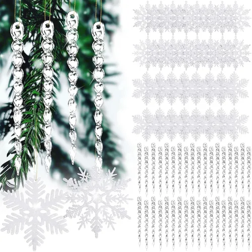 Miniatura 9 de Deekin 72 piezas adornos de carámbano de copo de nieve para árbol de Navidad, carámbanos torcidos de copo de nieve con purpurina, decoraciones