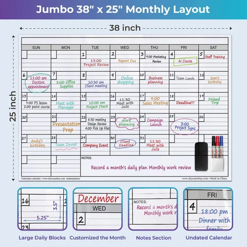 Miniatura 3 de Calendario magnético extra grande de borrado en seco para pared, calendario mensual gigante de pizarra blanca de 25 x 38 pulgadas, planificador