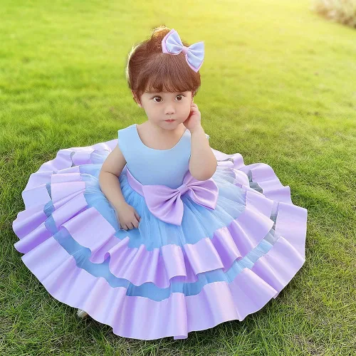 Miniatura 3 de 3M-6T Vestido de Concurso con Volantes de Encaje sin Espalda para Bebé Niña Vestido Tutú para Niña Pequeña Vestidos de Fiesta de Tul con Flores