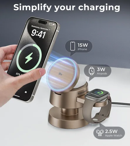 Miniatura 2 de Estación de carga inalámbrica 4 en 1, estación de carga inalámbrica magnética de 15 W con certificación Qi2 con luz nocturna para iPhone
