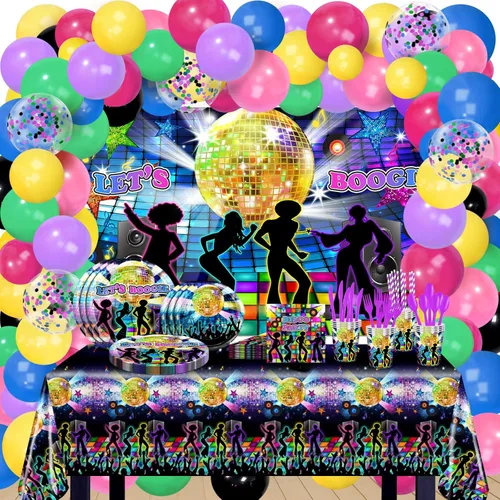 Decoraciones de fiesta de los años 70, 280 piezas de decoraciones de fiesta de discoteca de los años 70, telón de fondo Let's Boogie, globos de