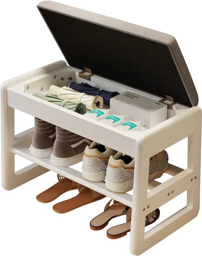Miniatura 20 de AQIMUELE Banco pequeño para zapatos, banco de zapatos de 2 niveles con almacenamiento con tapa abatible, zapatero de madera para entrada, pasillo