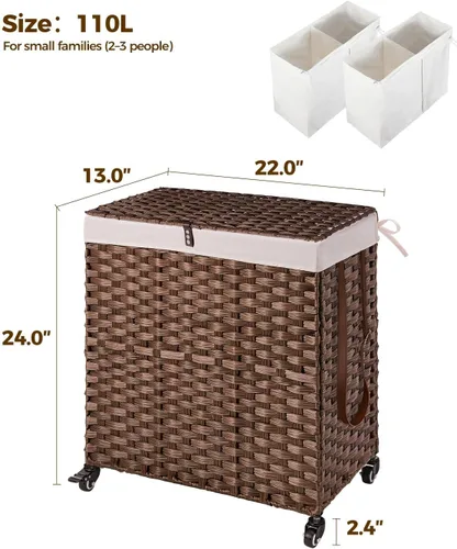 Miniatura 14 de GREENSTELL Cesta para ropa sucia con ruedas y tapa, 130 L, cesta grande de 3 secciones con 2 tipos de bolsas de forro extraíbles, 5 bolsas de malla