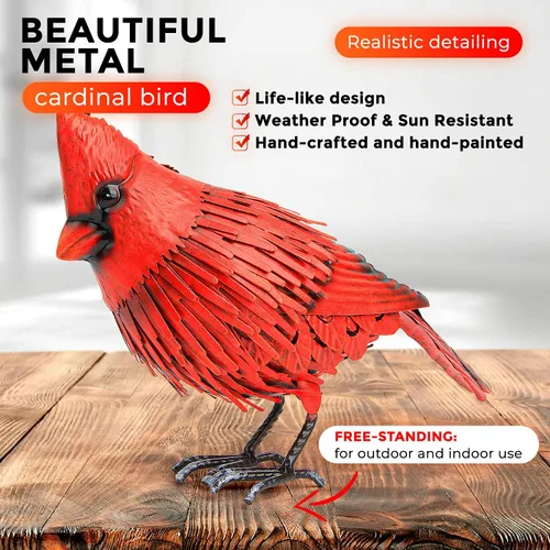 Miniatura 5 de Decoración de jardín de pájaro de metal con estatua cardenal, arte de metal para patio, esculturas y estatuas para exteriores, pájaro rojo grande