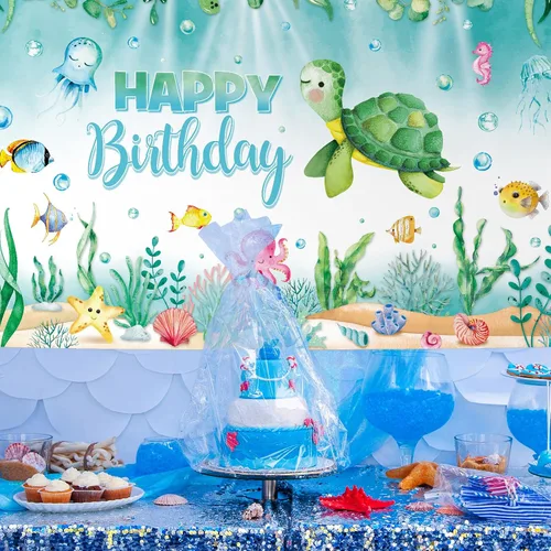 Miniatura 4 de Preboun Pancarta de fondo de cumpleaños de tortuga oceánica, decoración de fondo de fotos de animales marinos del océano para fiesta de cumpleaños