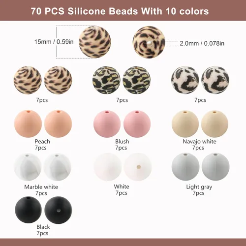 Miniatura 2 de 70 cuentas de silicona impresas para hacer llaveros, cuentas redondas de silicona de 0.59 pulgadas para hacer bolígrafos, collares y pulseras