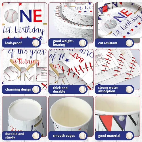 Miniatura 6 de Tanlade 216 piezas de suministros de fiesta de béisbol para el primer cumpleaños, sirven 36 platos de baby shower, vasos, servilletas
