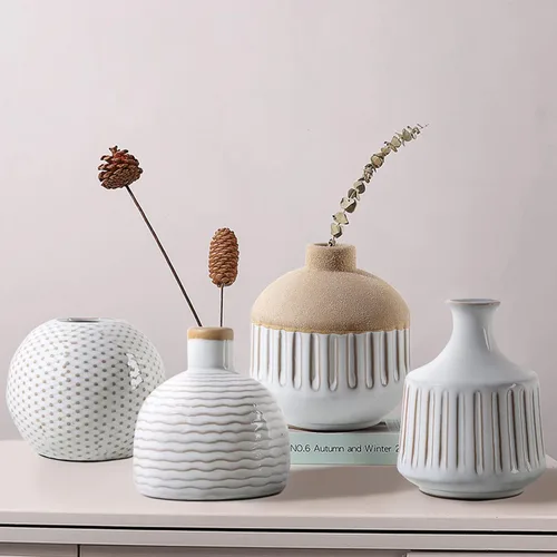 Juego de 4 jarrones pequeños de cerámica minimalista boho para dormitorio, sala de estar, oficina, chimenea, centro de mesa, jarrones blancos Antiguo