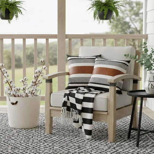 Miniatura 7 de Paquete de 2 fundas de almohada decorativas estilo granja para sofá, fundas de cojín cuadradas de cuero sintético con rayas tribales, fundas de Negro
