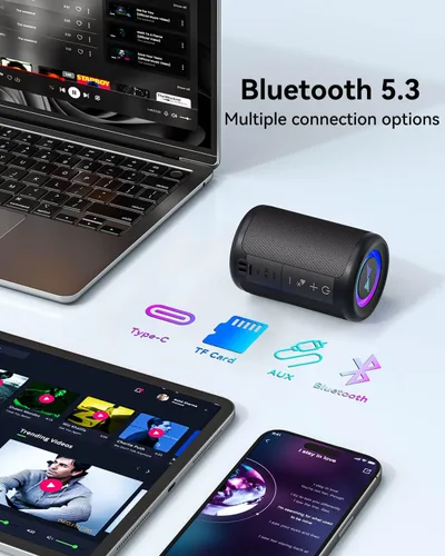 Miniatura 5 de LENRUE Altavoz Bluetooth Pequeño Portátil con Luces, Sonido Envolvente Estéreo TWS, Alimentado por Tipo C, Bluetooth 5.3, Entrada de Tarjeta AUX TF