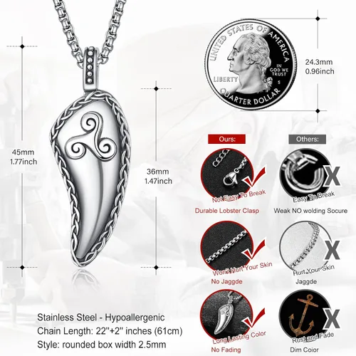 Miniatura 2 de Wolf Teeth Necklace Sterling Silver ValknutTriskele Viking Wolf Teeth Pendant Wolf Jewelry for Men Women