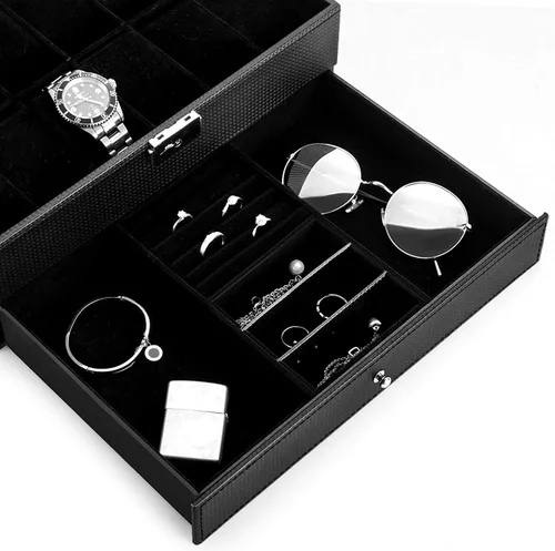 Miniatura 6 de Oyydecor Caja de reloj con 12 ranuras, organizador de relojes, organizador de joyas con cajón de joyería para almacenamiento y exhibición
