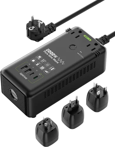 EPICKA Convertidor de voltaje de onda sinusoidal pura de 2000 W, transformador de potencia de 220 V a 110 V con carga rápida PD USB-C de 20 W, 2