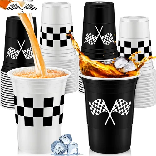 Norme 48 vasos de plástico a cuadros para fiestas de carreras a granel de 16 onzas, desechables con bandera a cuadros, tazas gruesas de color blanco