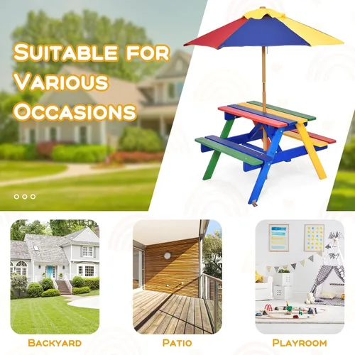 Miniatura 7 de Costzon Mesa de picnic para niños, mesa y sillas de madera de abeto para exteriores con paraguas extraíble, mesa de picnic para niños pequeños