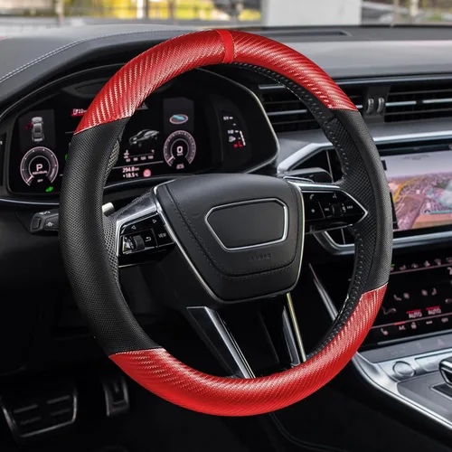 Miniatura 9 de Funda para volante de automóvil, accesorios para volante, cuero de microfibra de 15 pulgadas, fibra de carbono, suave, antideslizante, transpirable