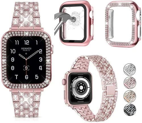 Miniatura 18 de compatible con Apple Watch de 1.496 pulgadas 1.575 pulgadas 1.654 pulgadas 1.732 pulgadas con funda para mujer, correa de metal con diamante