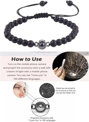 Miniatura 3 de Pulseras para parejas, pulseras de cristal curativo de proyección en 100 idiomas, ágata negra, blanca, turquesa, pulseras a juego para novio, novia