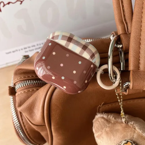 Miniatura 2 de Funda colorida de lunares marrón para Airpods Pro 2 Gen con cerradura, estética retro a cuadros, linda funda protectora kawaii de moda para niñas