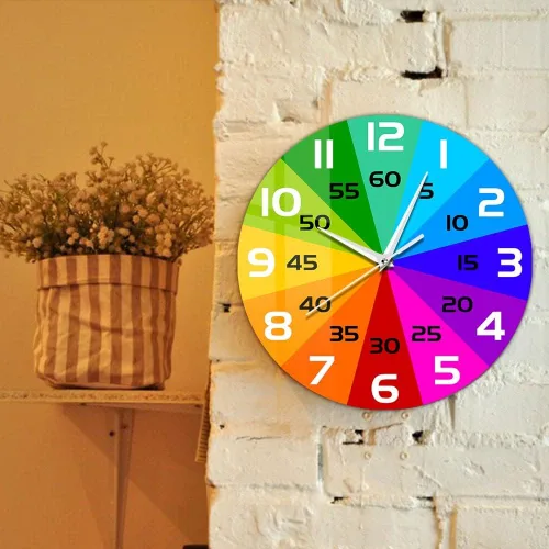 Miniatura 4 de Reloj de pared educativo con ruedas de color arcoíris de 15 pulgadas, para enseñar la hora y aprender a decir la hora, silencioso, sin tictac