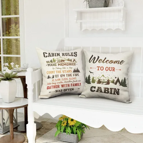 Miniatura 7 de Juego de 2 fundas de almohada decorativas retro con reglas de cabaña para sofá del hogar, 18 x 18 pulgadas
